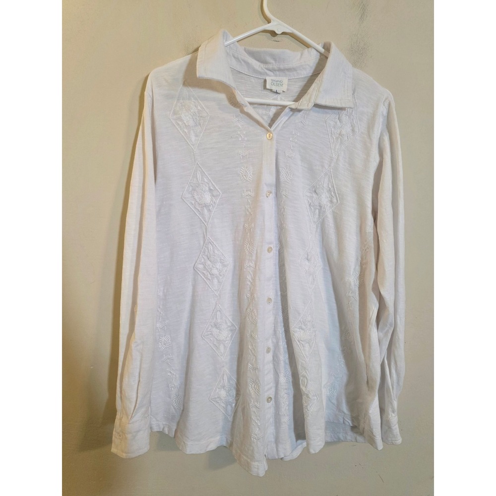 Sigrid Olsen Womens White Cotton Embroidered Button Front Roll Tab Shirt Large
